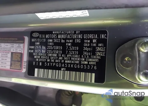 2019 Kia Sorento 3.3L S z USA, uszkodzony, nr VIN 5XYPGDA5XKG605376